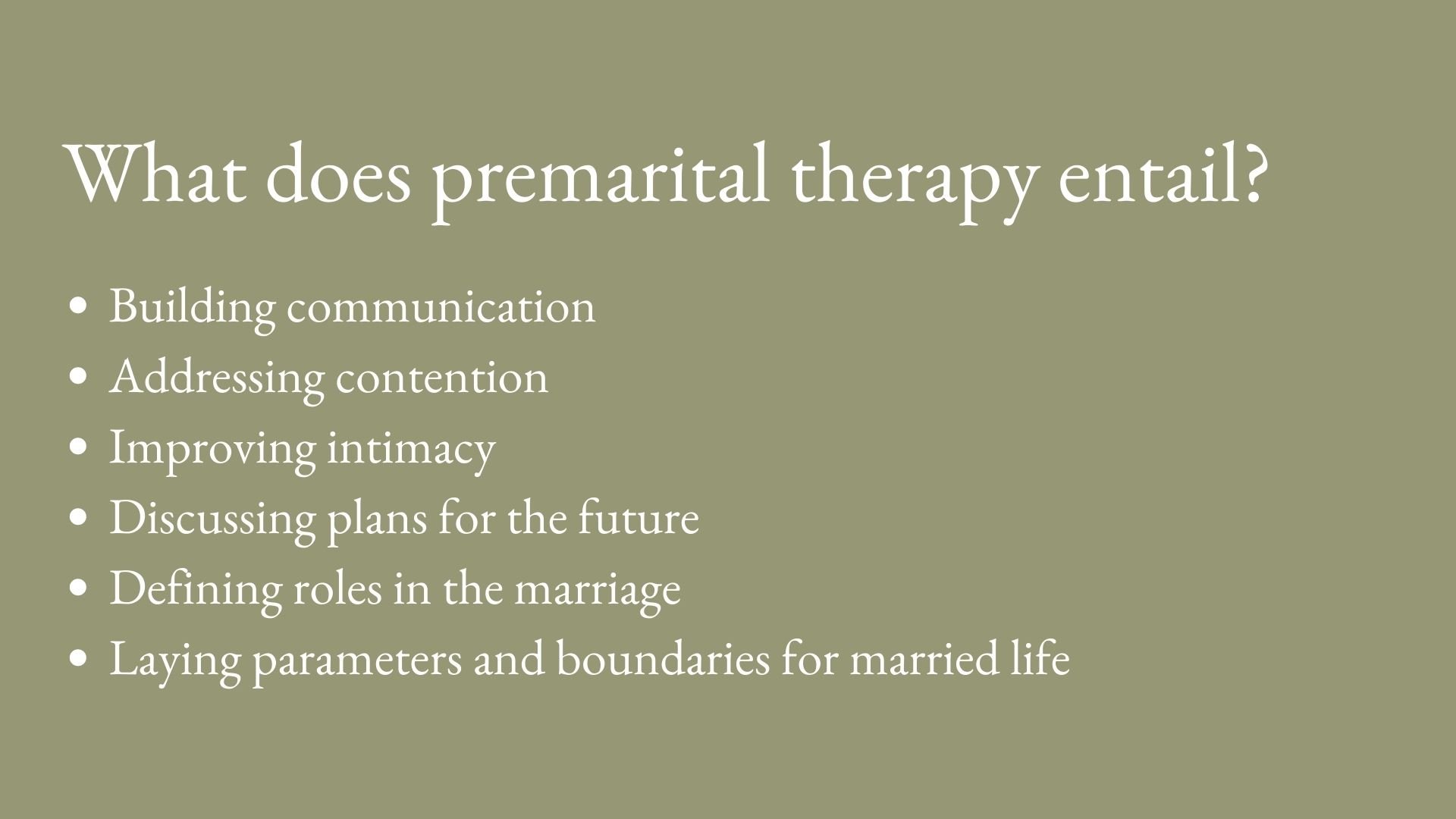 what does premarital therapy entail - list of points